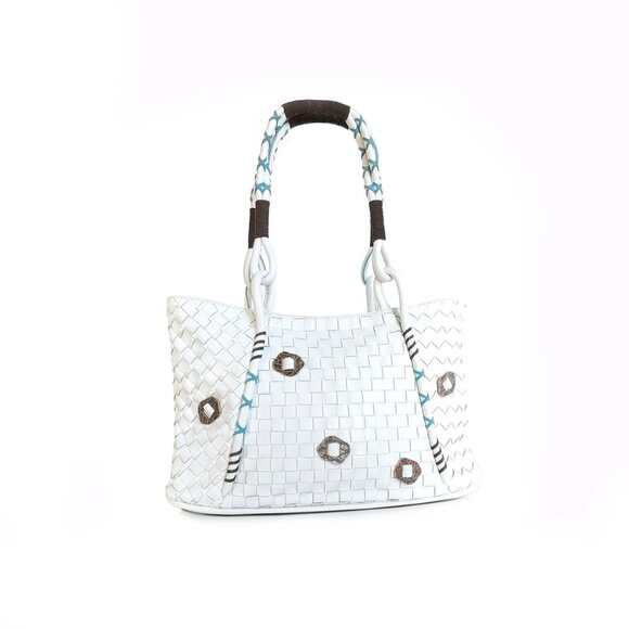 CROMIA Handbag White Woven Leather Shoulder Bag Turquoise & Brown stitch